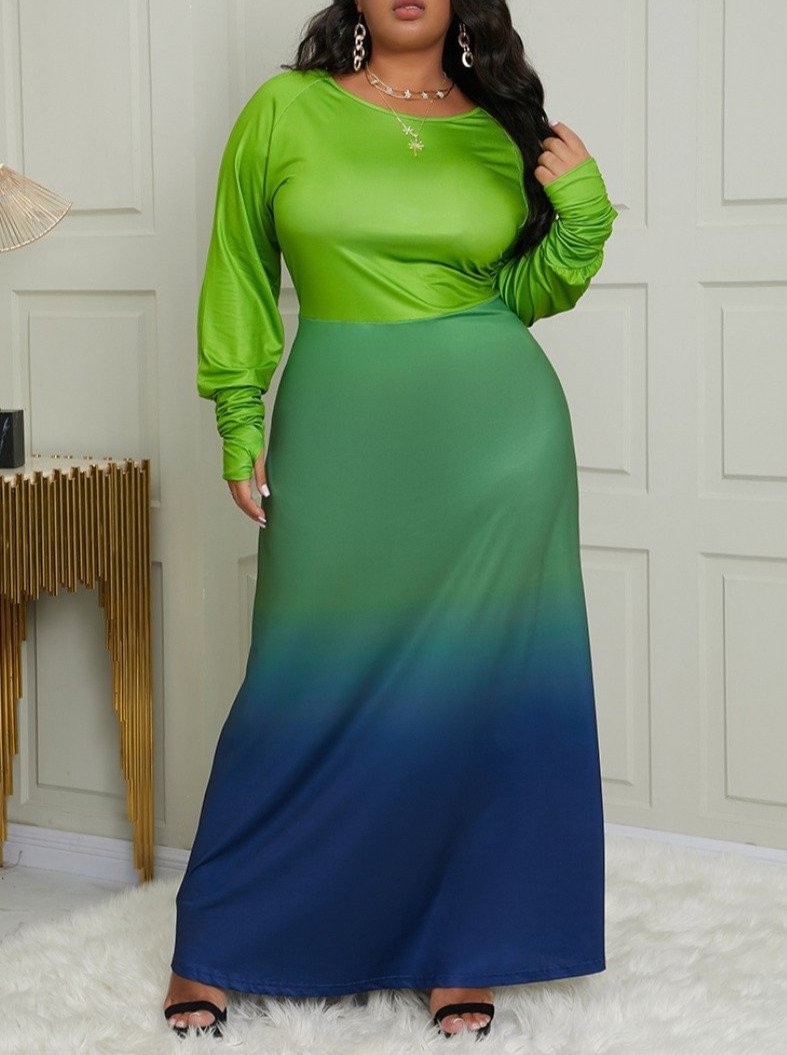Plus Size Casual V Neck Gradient Green Maxi Dress