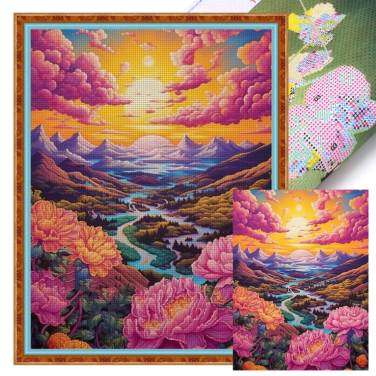 Flowers Colorful Clouds Scenery 16CT (50*65CM) Stamped Cross Stitch gbfke