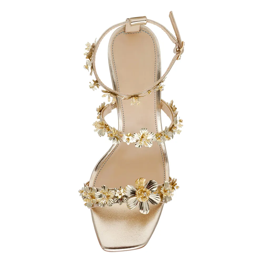 Square Toe Ankle Strap Sculptural Heel Gold Sandals with Flowers