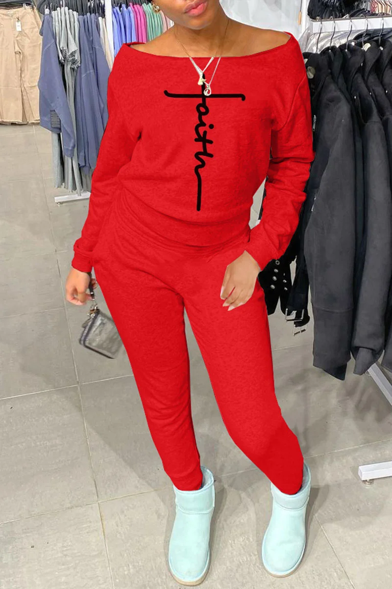 Red Casual Letter Print Patchwork Off the Shoulder Long Sleeve Two Pieces | EGEMISS