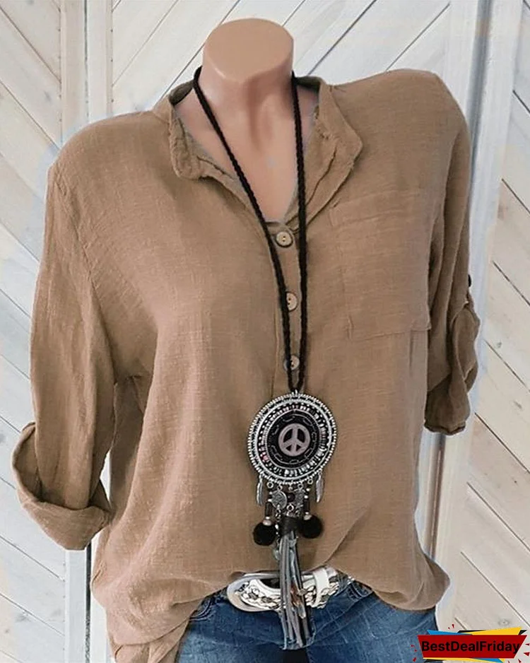 Holiday Solid Long Sleeve Button V-Neck Tops