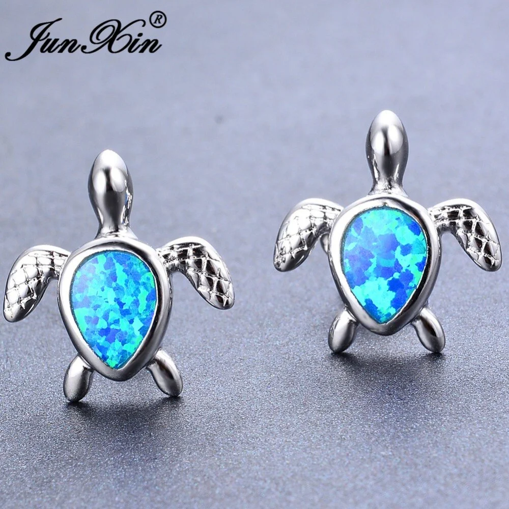 JUNXIN Female White & Blue Fire Opal Stud Earring Turtle Design Silver Color Jewelry Double Earrings For Women