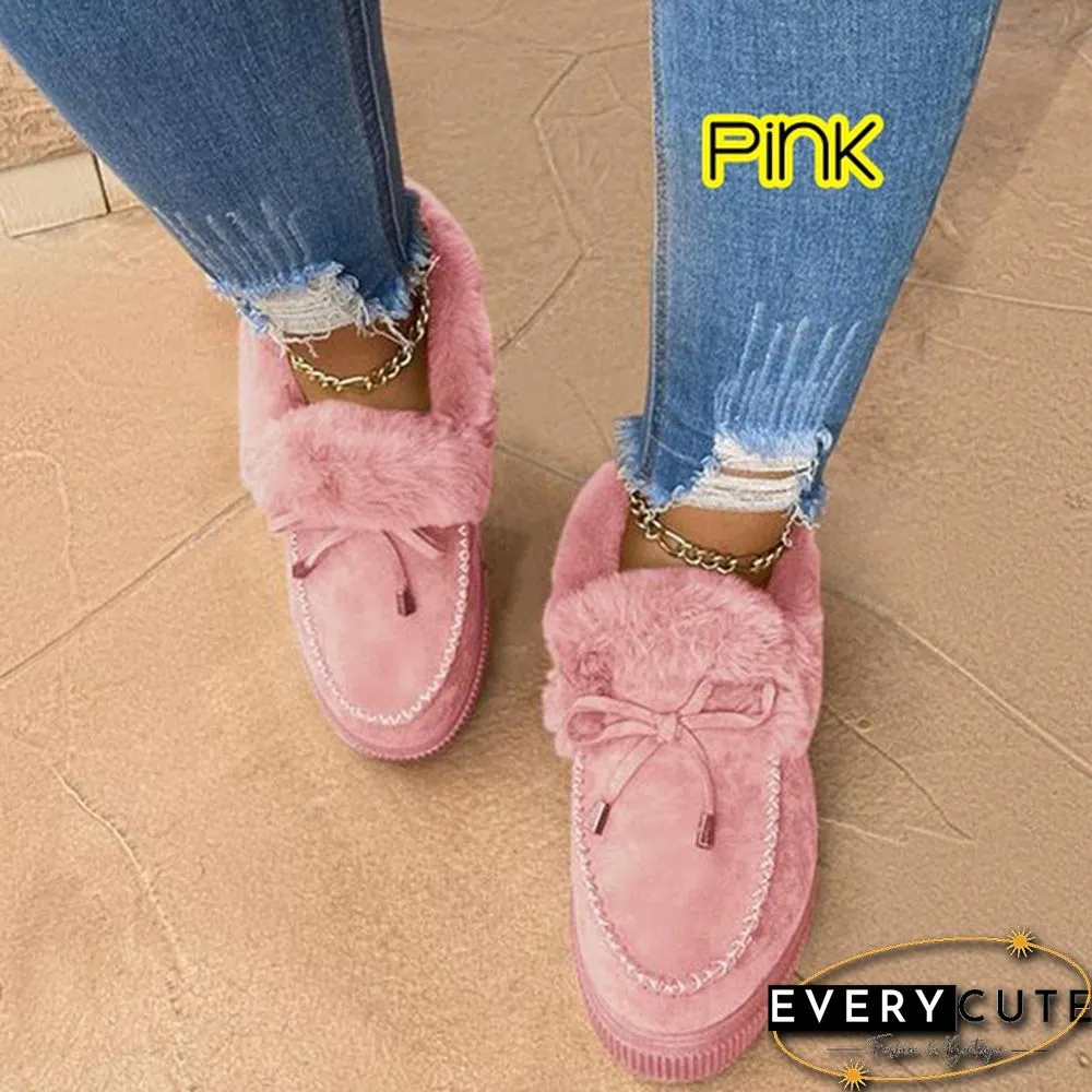 Fashion Womens Bowknot Suede Faux Fur Moccasin Shoes Casual Warm Comfortable Lightweight