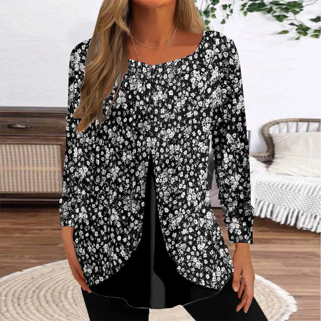 Women Floral,Black DZGG8117 Long Sleeve Scoop Neck Printed Graphic Button Fake 2in1 Tops