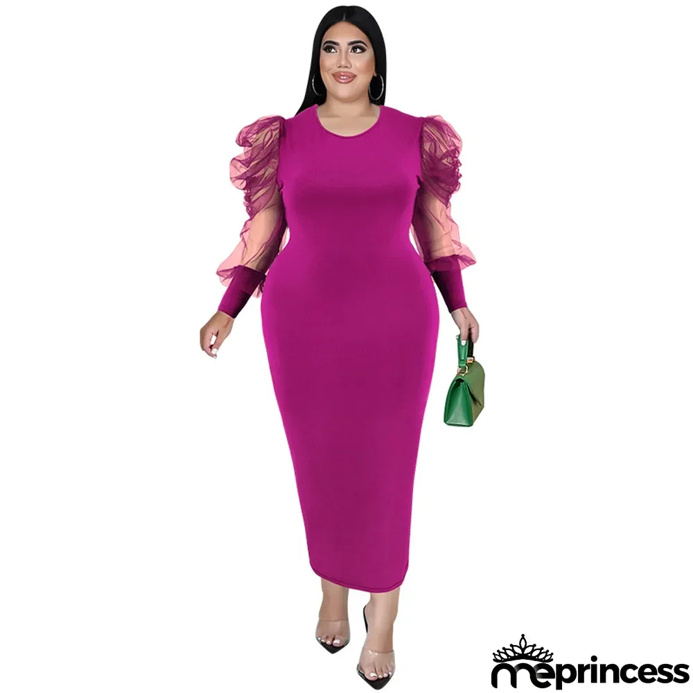 Plus Size Fall Women'S Round Neck Ruched Mesh Long Sleeve Solid Color Long Dress
