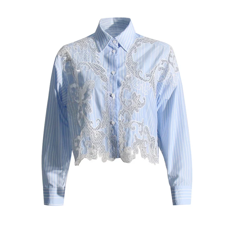 Toloer Toloer Stripe Retro See-Out Top Embroidery 2024 Autumn New Shirt Lace Female Short Style Advanced Sense-Outfit Ideas