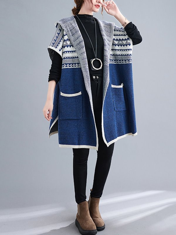 Artistic Retro Loose Casual With Pocket Hooded Short Sleeves Cardigan Outwear