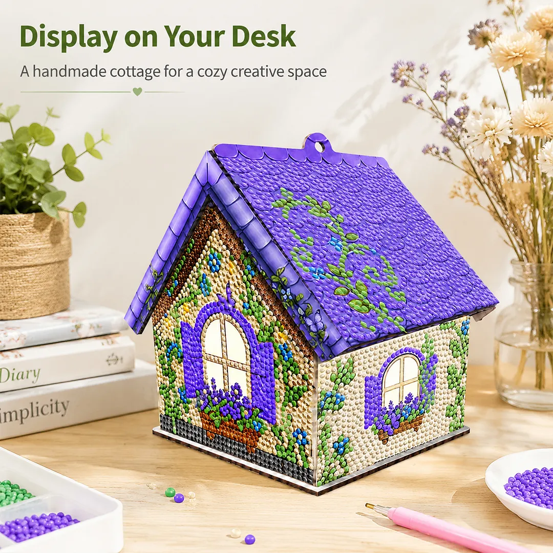 DIY Wooden House Diamond Art Painting Kit for Adults Home (Lavender)