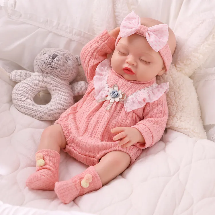 Babeside Nancy 16&ldquo; Full Silicone Reborn Baby Girl Doll Sleeping Little Infant in Pink Knit Romper