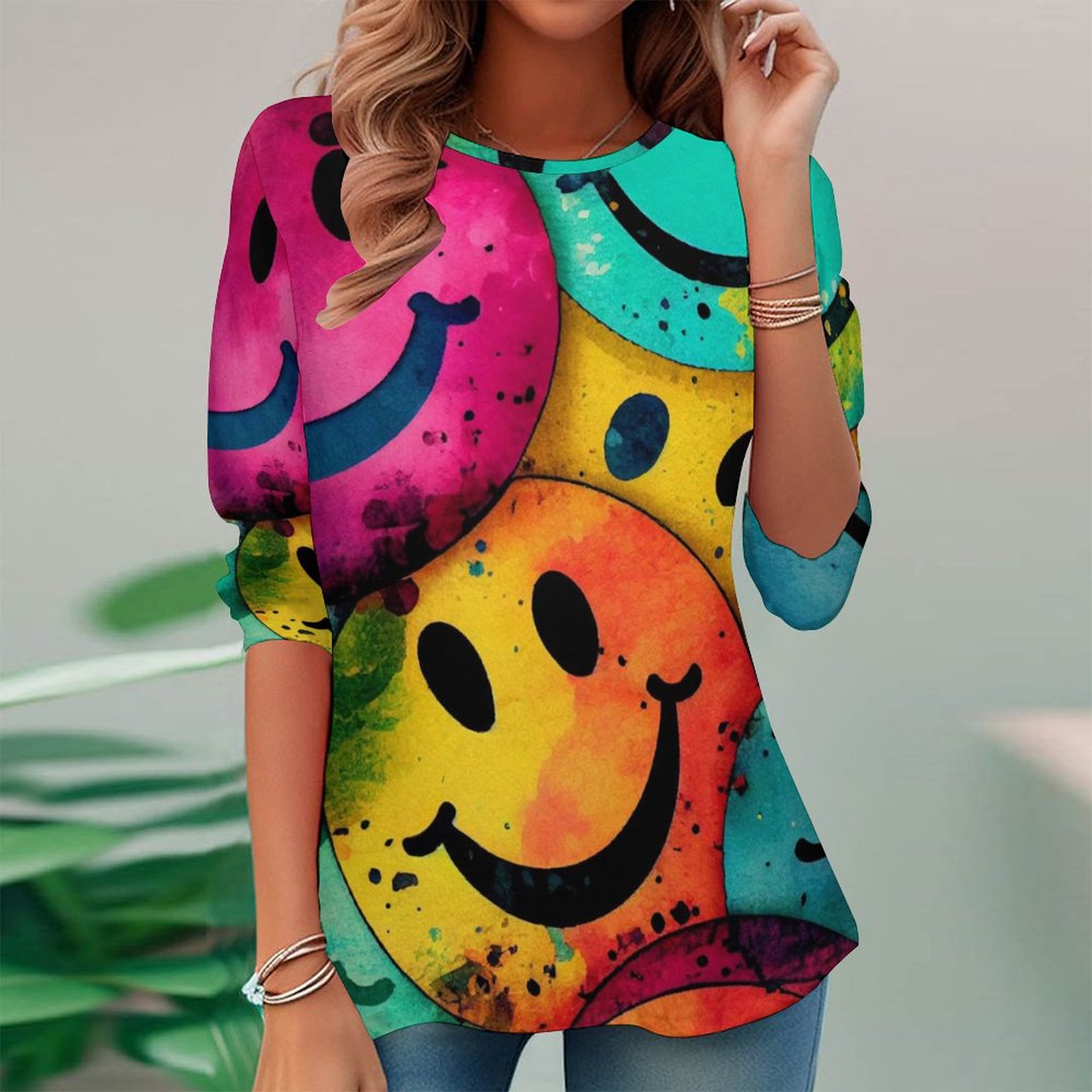 Women Long Sleeve V-neck Graphic Floral Printed Top