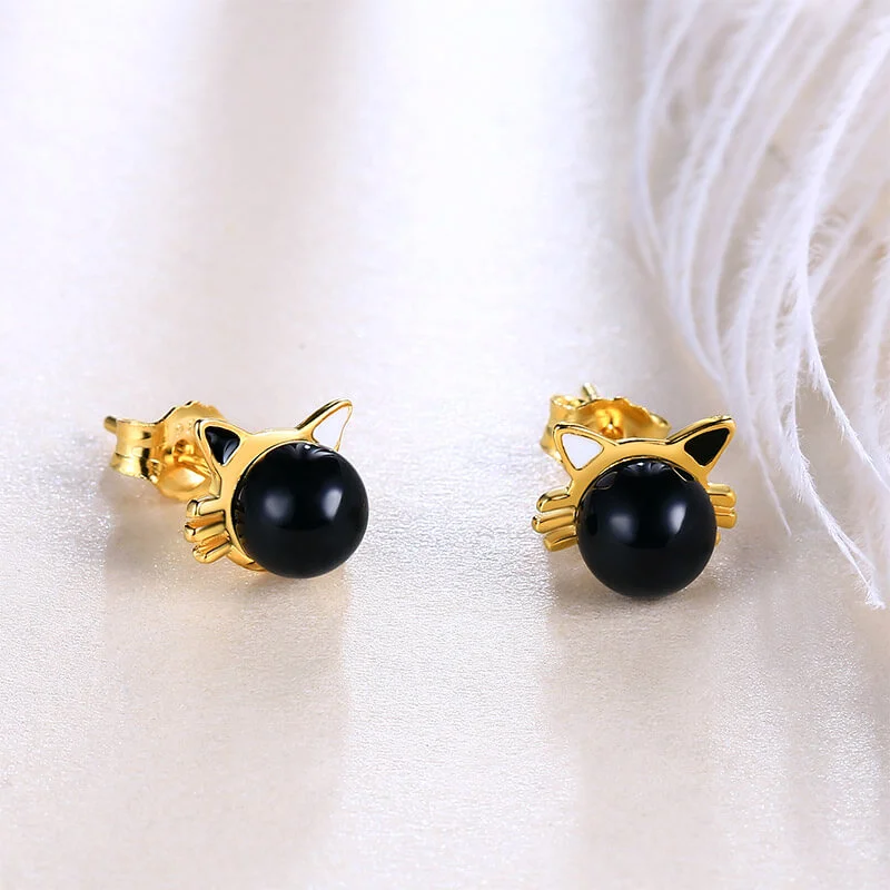 MeWaii® Sterling Silver Earring S925 Silver Jewelry Black Cat Earring Kitten Agate Earrings Sterling Silver Earring