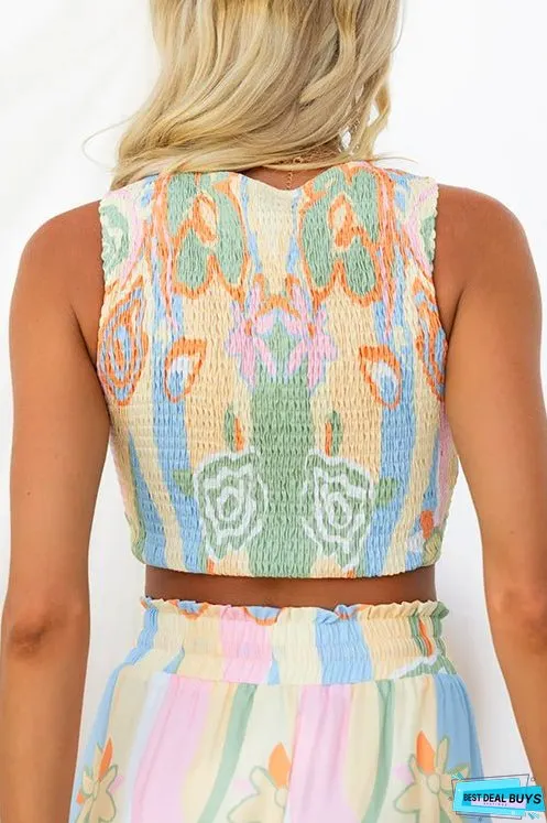Crewneck Smocked Drawstring Printed Crop Tank Top
