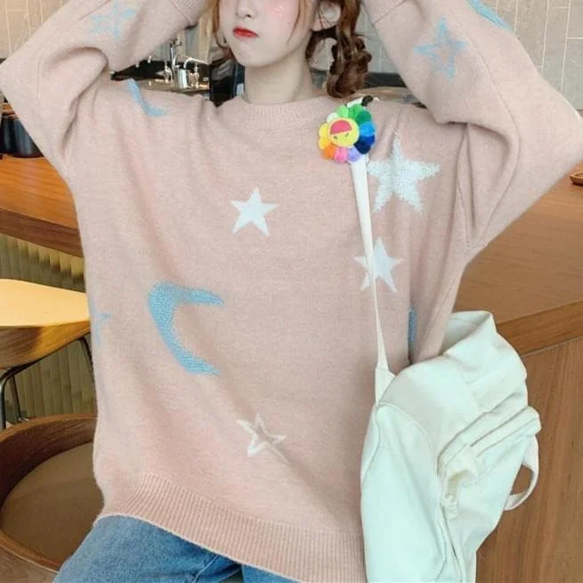 Pink/Blue/White Kawaii Star Moon Sweater SP14307
