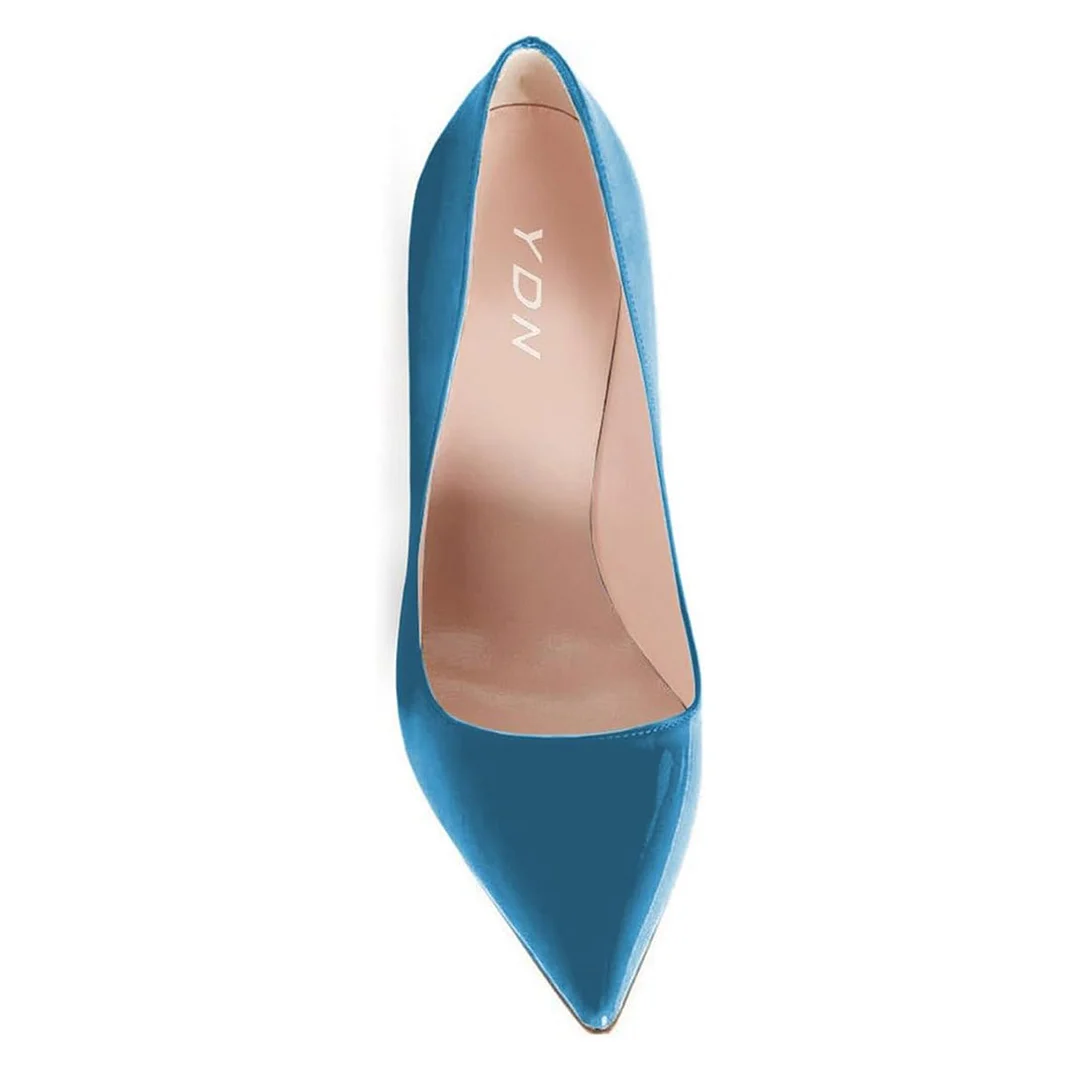 Blue Patent Leather Pointed Toe Stiletto Heel Simple Pumps Shoes
