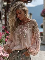 Women's Vintage Rose Embroidered Art Round Neck Long Sleeve Blouse