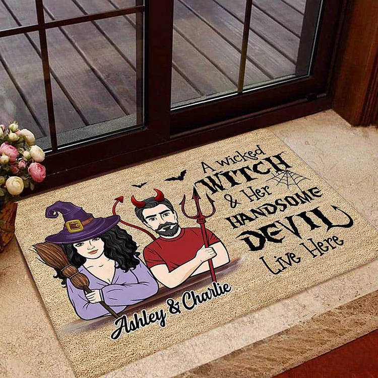 Personalized Halloween Doormat with 2 Names Gifts for Lover "Wicked Witch and Handsome Devil Live Here"