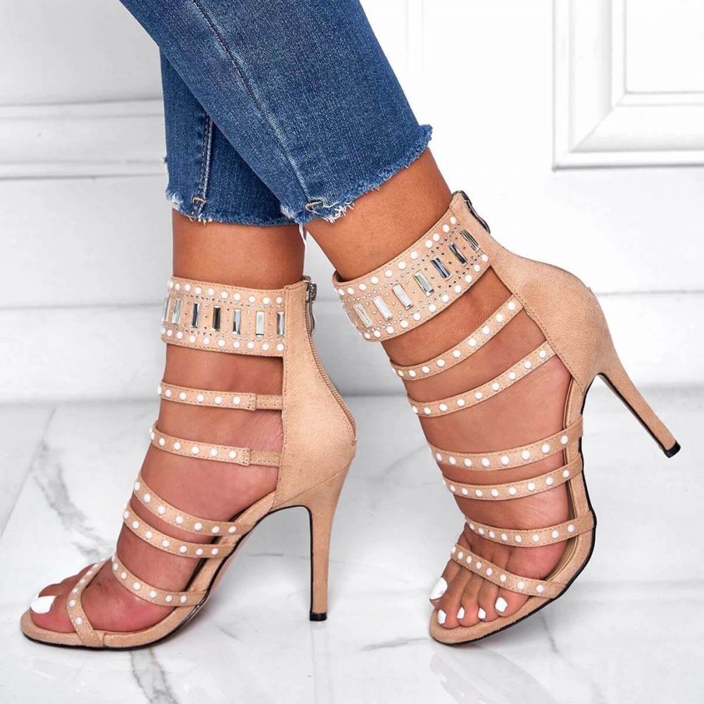 Nude Vegan Suede Open Toe Multi Strap Studded Zip Gladiator Heels Nicepairs