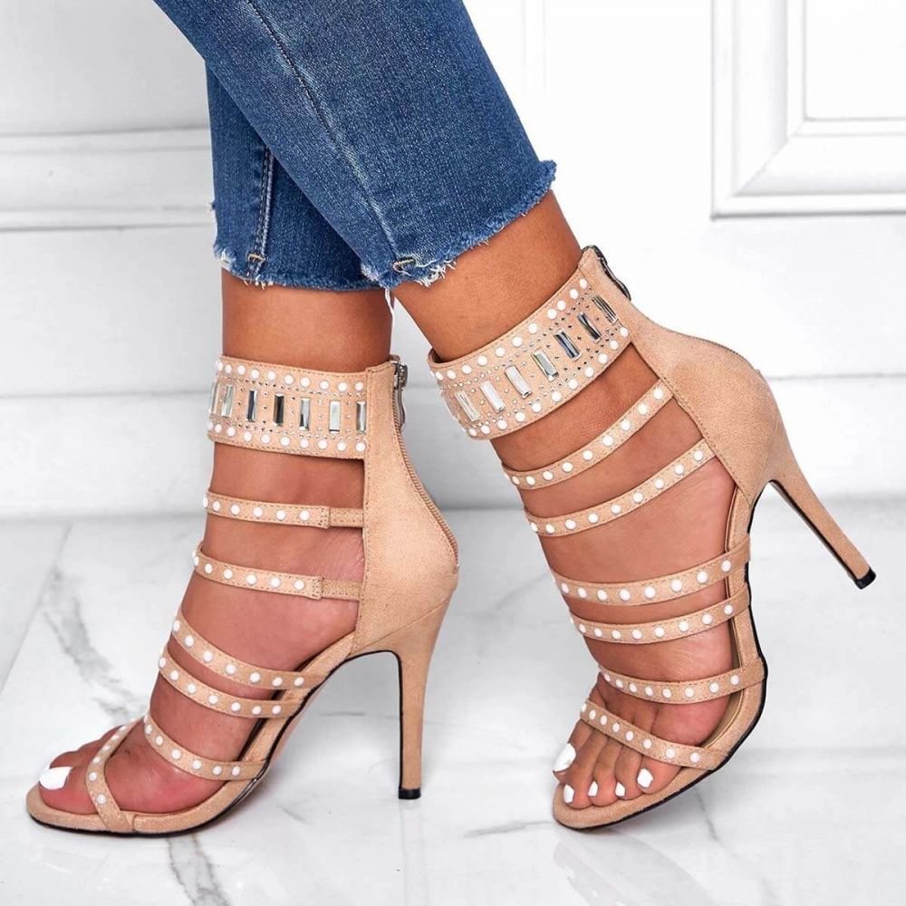 Tan Open Toe Pumps Pearl Suede Pumps Stiletto Zip Back Pumps Nicepairs