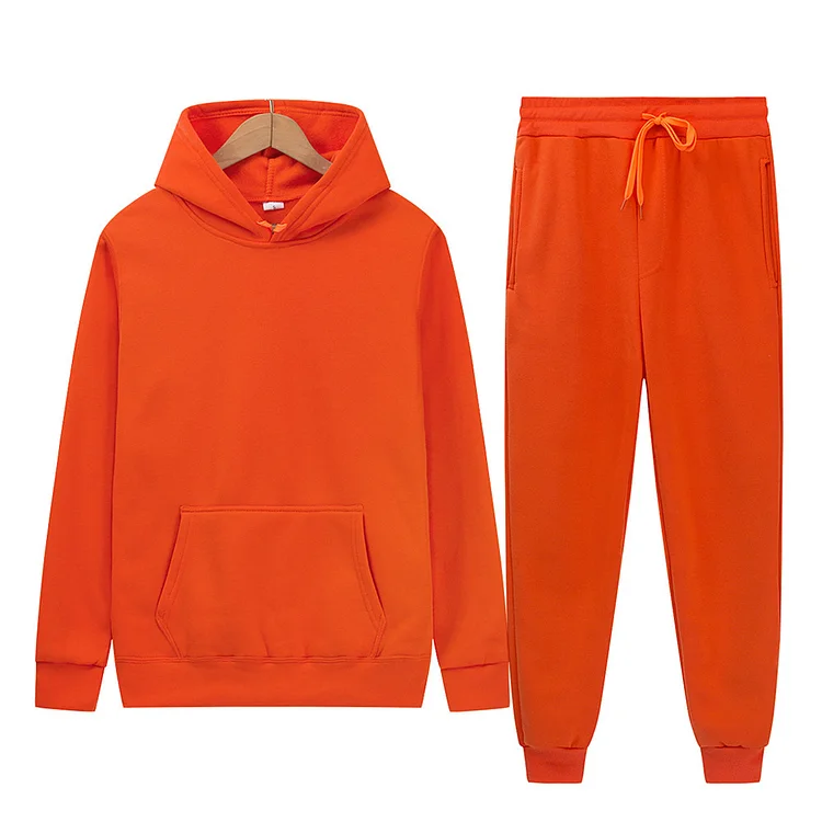 BrosWear Casual Unisex Solid Color Hoodie Pocket Drawstring Pants Tracksuit Set Orange
