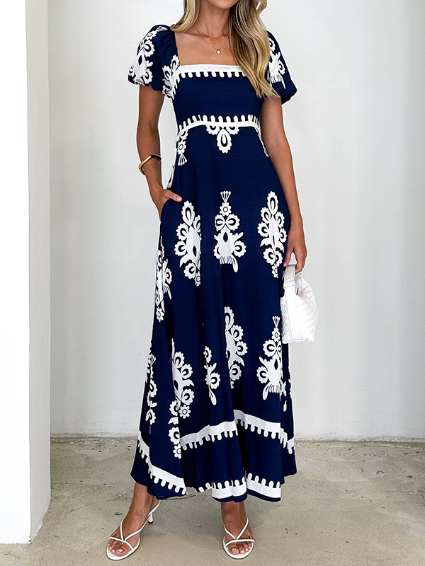 Short Sleeve Square Neck Printed Maxi Dress