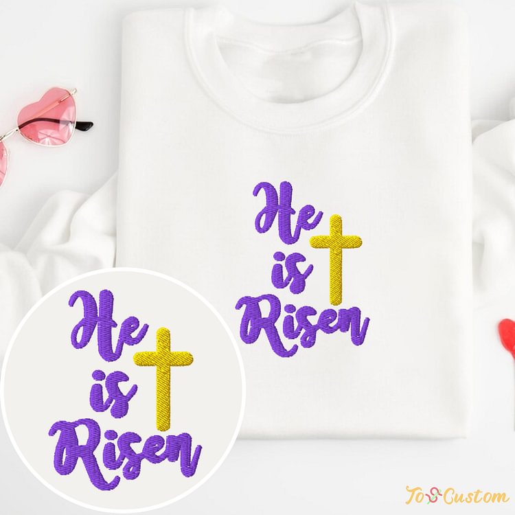 TOSCUSTOM™ He Is Risen Embroidered Easter Christian Sweatshirt Gift with Cross