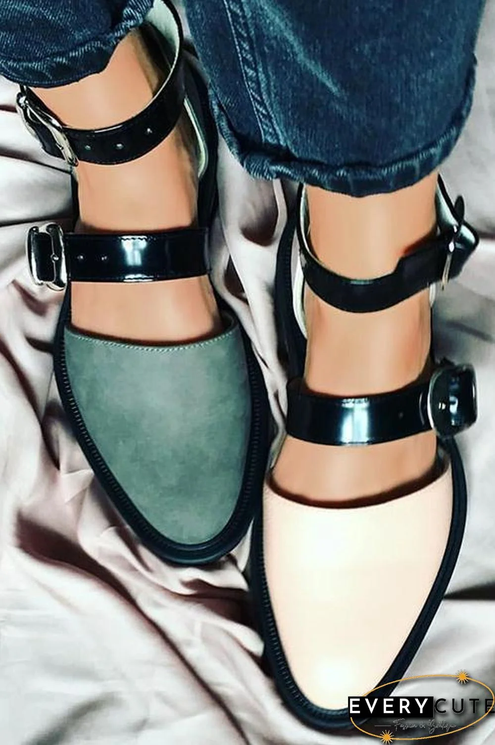 Buckle Color Block Sandals Flats
