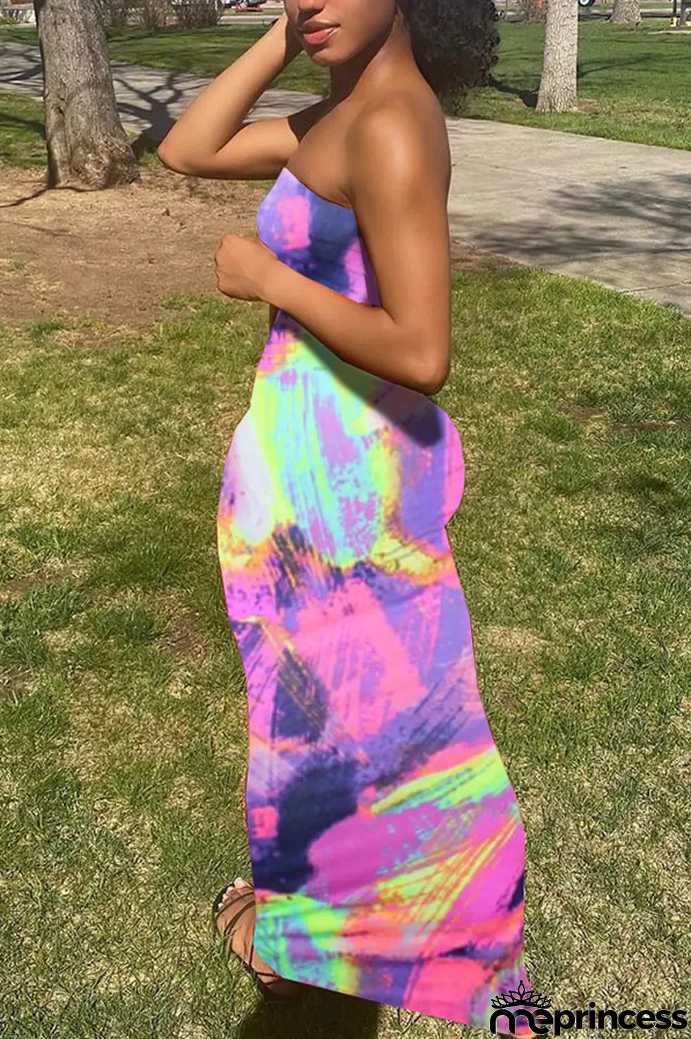 rose red Sexy Print Tie-dye Backless Strapless Pencil Skirt Dresses