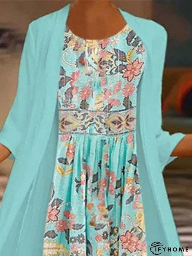 Two Piece Dress Set Casual Dress Chiffon Dress Outdoor Daily Fashion Casual Print Maxi Dress Crew Neck 3/4 Length Sleeve Floral Loose Fit Pink Blue Summer Spring S M L XL XXL for Women | IFYHOME
