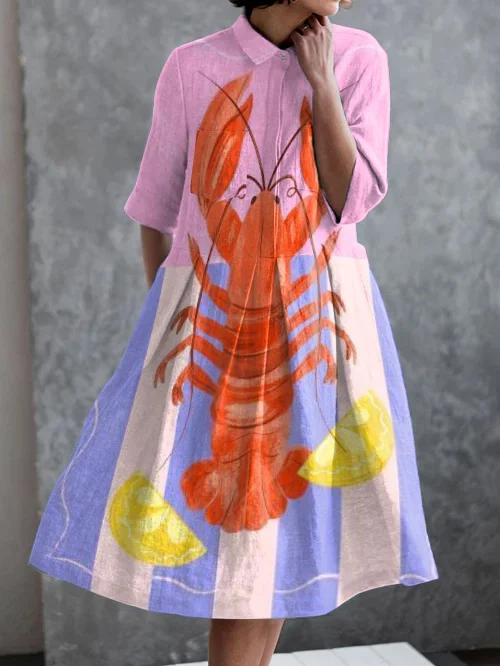 Holiday Abstract Lobster Print Casual Pocket Half Sleeve Dress