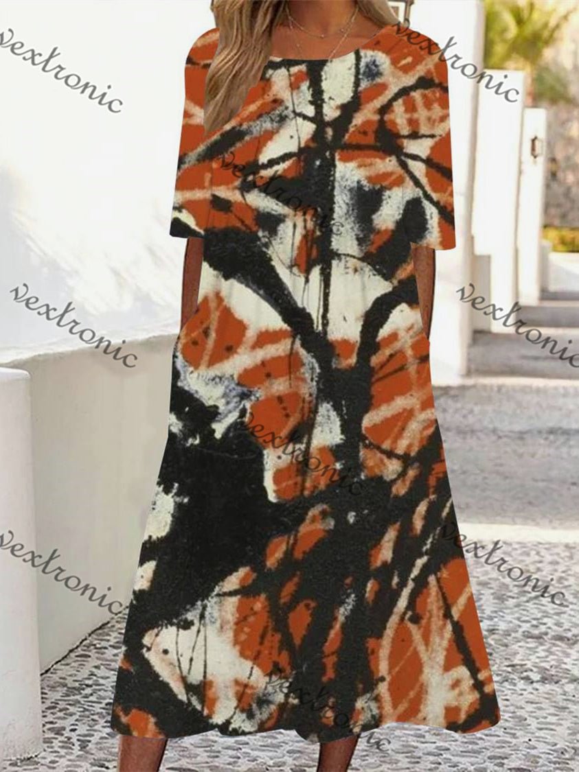 Women's Short Sleeve Scoop Neck Orange Graphic Midi Dress