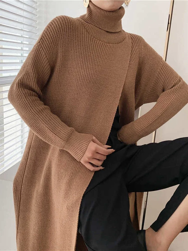 UForever21 Vent Long Knitting Sweater Loose Fit Turtleneck Long Sleeve Women Pullovers New Fashion Tide Autumn Winter 2023 1DA357