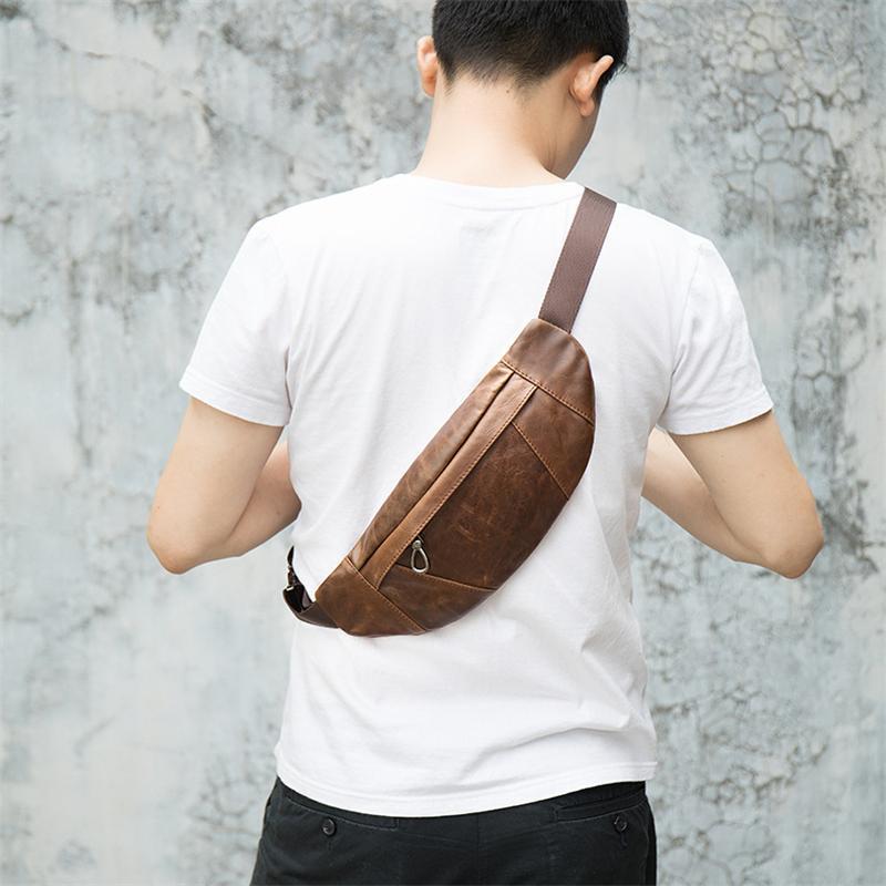 Soft Genuine Leather Adjustable Strap Earphone Jack Multi-Pocket Chest Bag