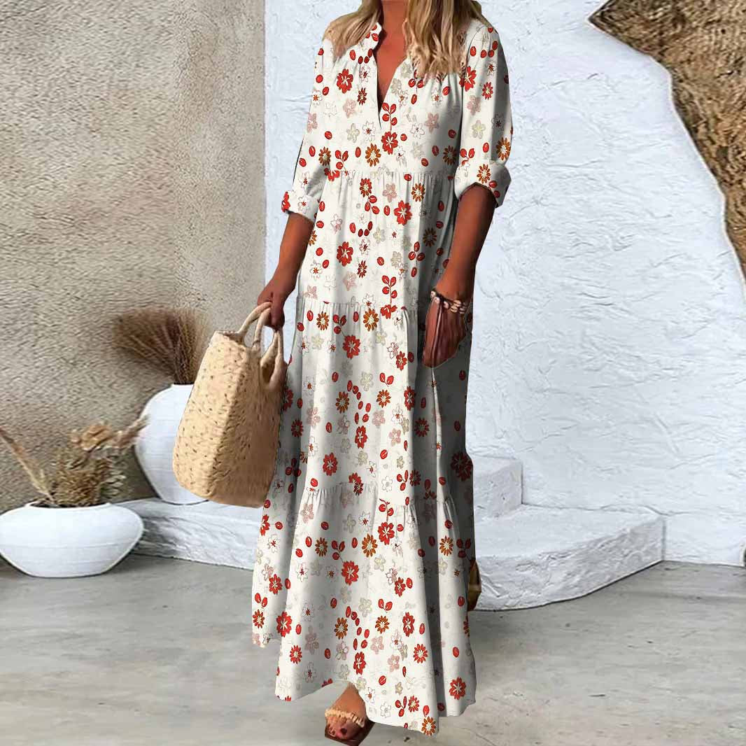 Women Floral, Red, White DZDN0542 SPU Printed Long Sleeve V-neck Maxi Dress