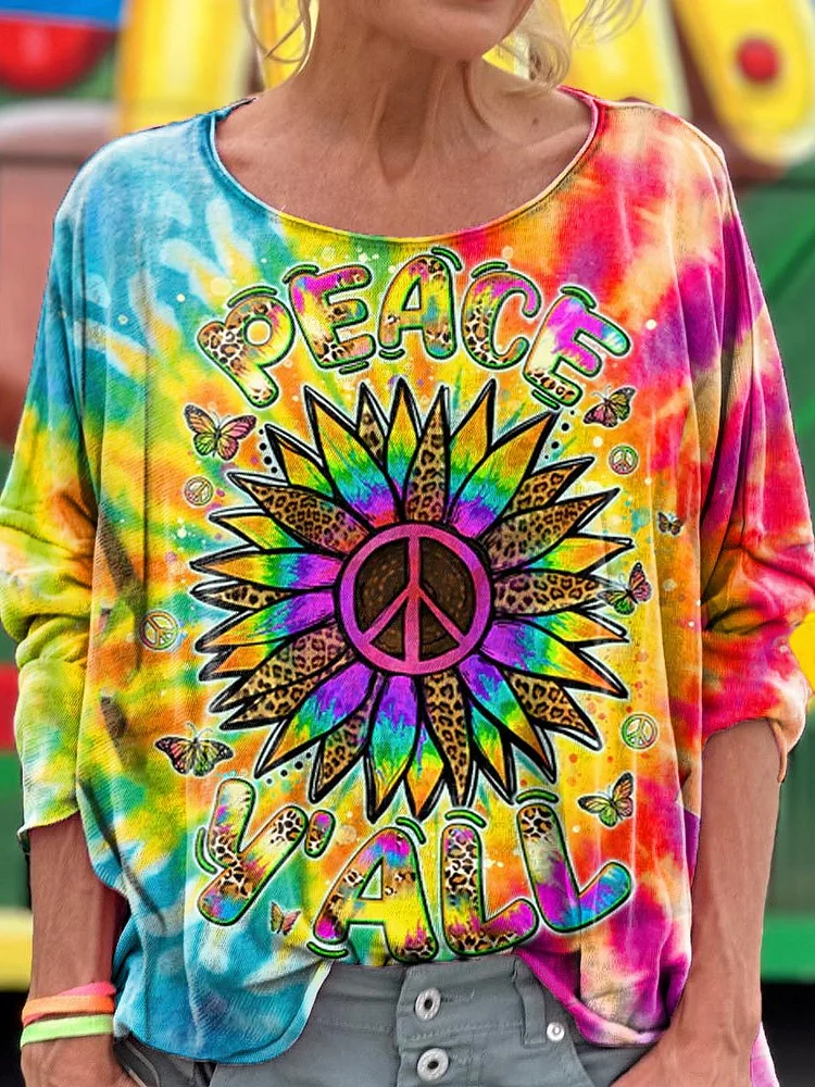Hippie Peace Yall Tie Dye Print Loose Round Neck Women's Long Sleeve T-Shirt