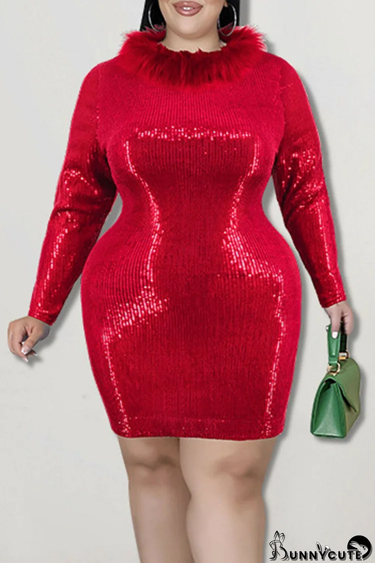 Red Fashion Sexy Solid Sequins Patchwork Feathers O Neck One Step Skirt Plus Size Dresses
