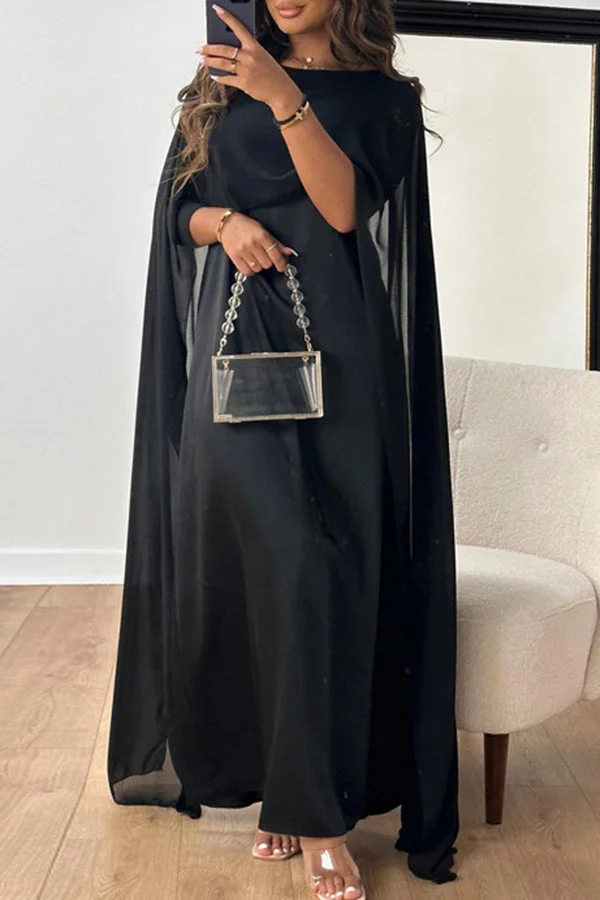 Elegant Solid Color Chiffon Cape Shift Maxi Dress