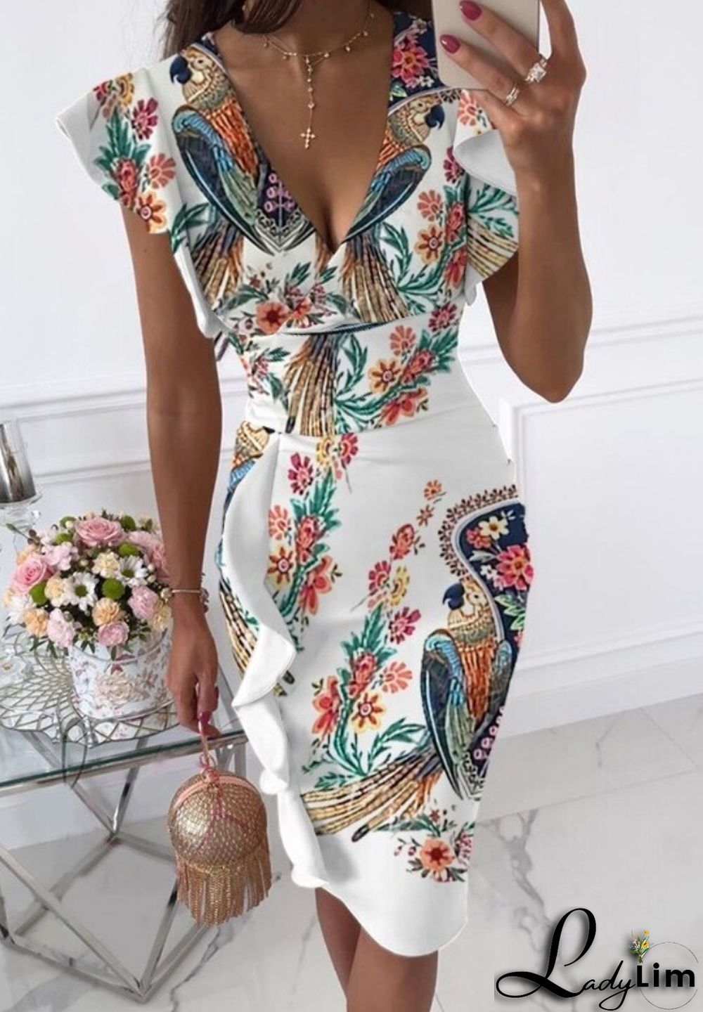 Summer Elegant Print Deep V Neck Ruffles Short Sleeve Midi Dress