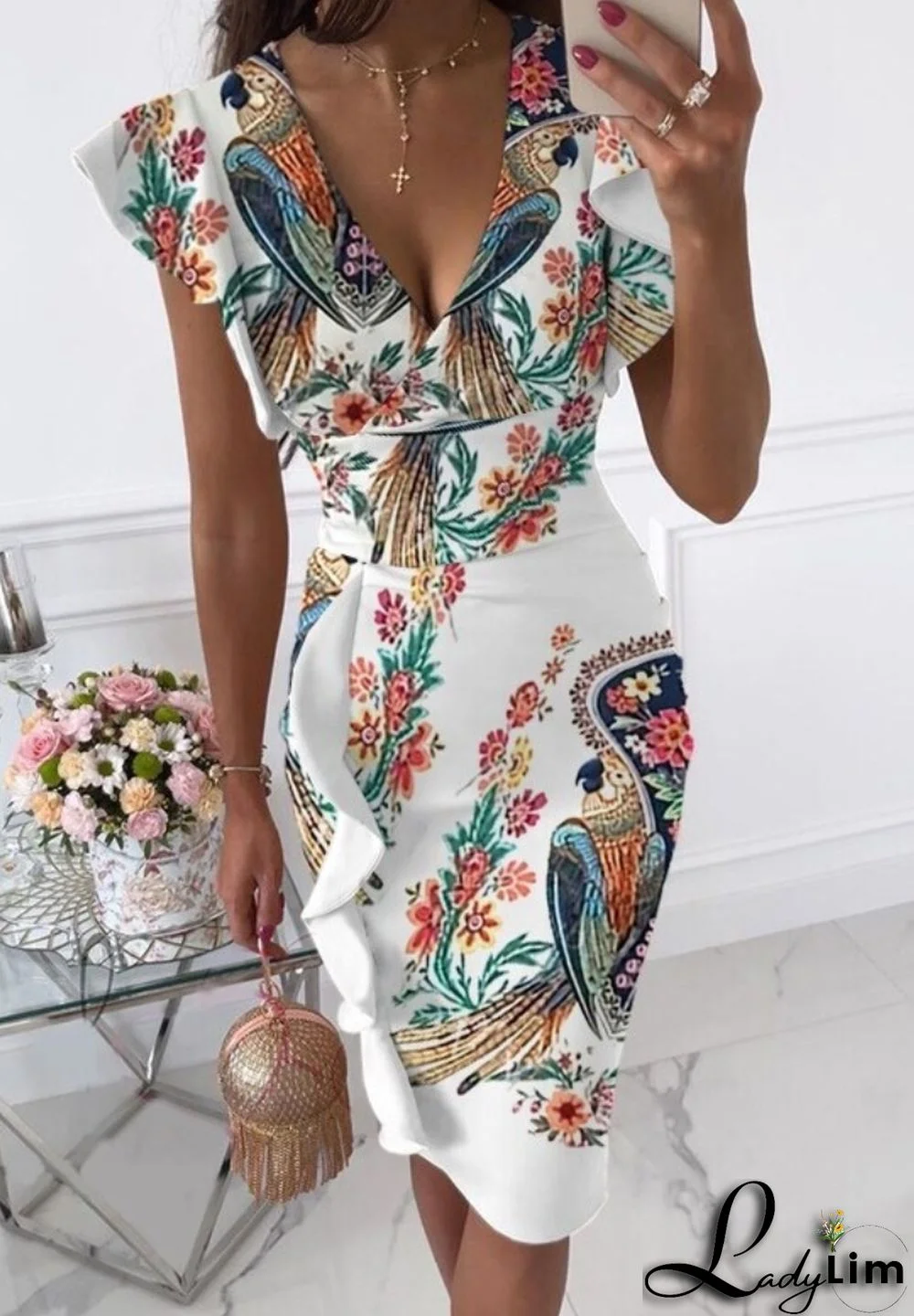 Summer Elegant Print Deep V Neck Ruffles Short Sleeve Midi Dress