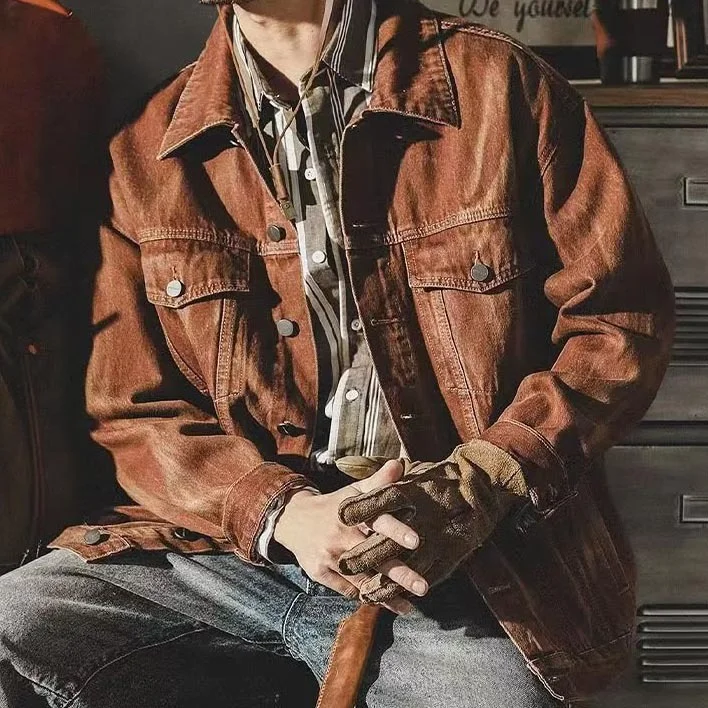 Men's American Retro Denim Jacket Men's Spring and Autumn Rust Jacket Coat