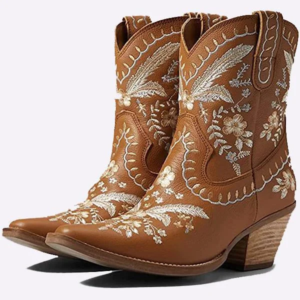 Women's Chunky High Heel Embroidered Ankle Boots shopify Stunahome.com