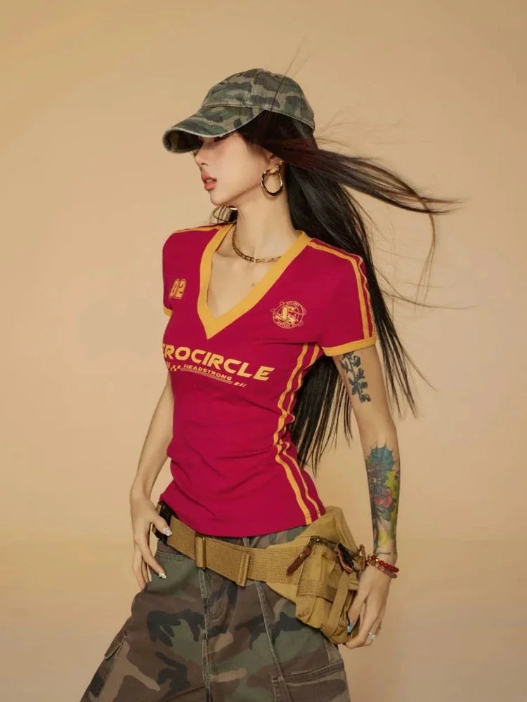 Brownm Striped V Neck Jersey Top