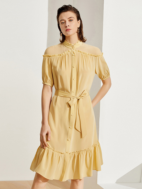 See-Through Shoulders Ruffled Hem Silk Dress Yellow