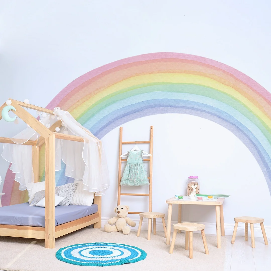 Large Watercolour Rainbow Wall Stickers for Kids Room Living Room Nursery Home Decor Colorful Rainbow Mural Self-adhesive Fabric