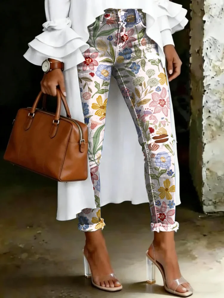 Women's Vintage Floral Totem Print Casual High-waisted Ripped Skinny Jeans