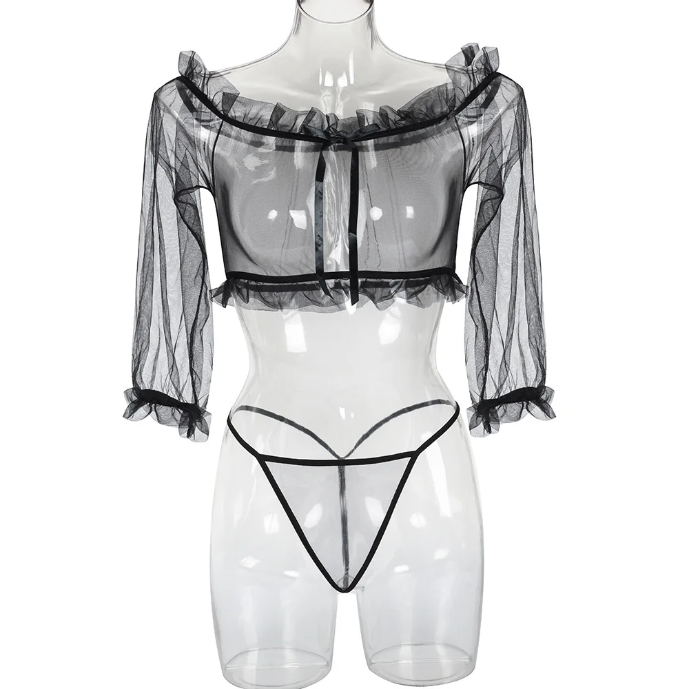 Billionm Mesh Sheer Lingerie Set Women Half Length Sleeve Top and Low Waist Thong G String Briefs See Through Open Cup Sexy Bra and Panty