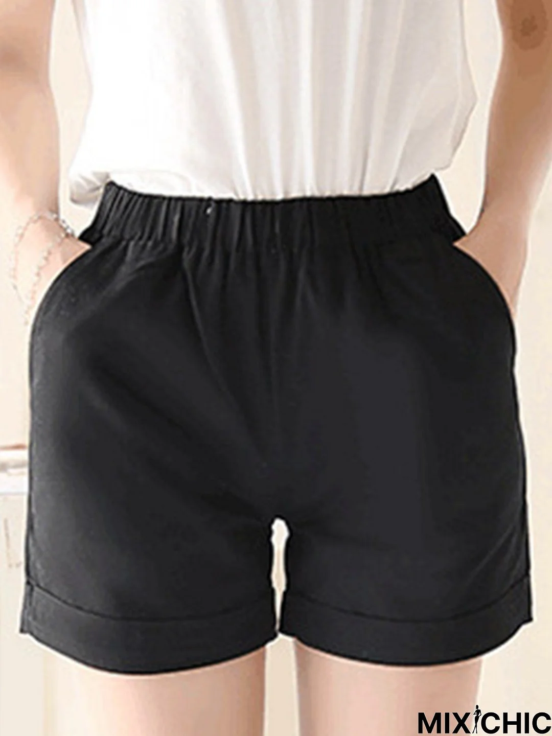 Vintage Plus Size Women Plain Pockets Casual Shorts