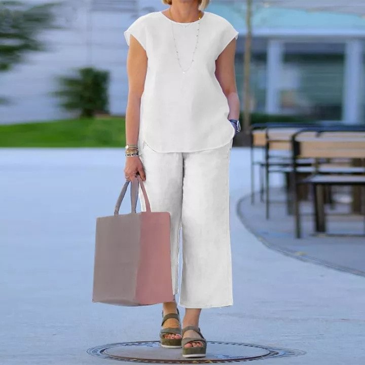 Solid 2 Piece Set Round Neck Tank Top Basic Wide Leg Pants