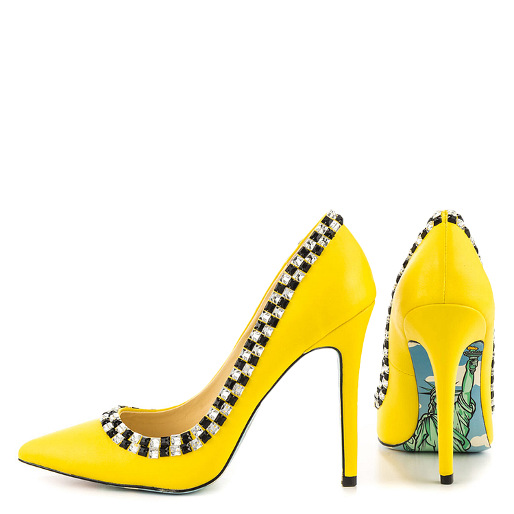 Statue of Liberty Print Rhinestone Embellished Pumps Heels in Yellow |FSJ Shoes
