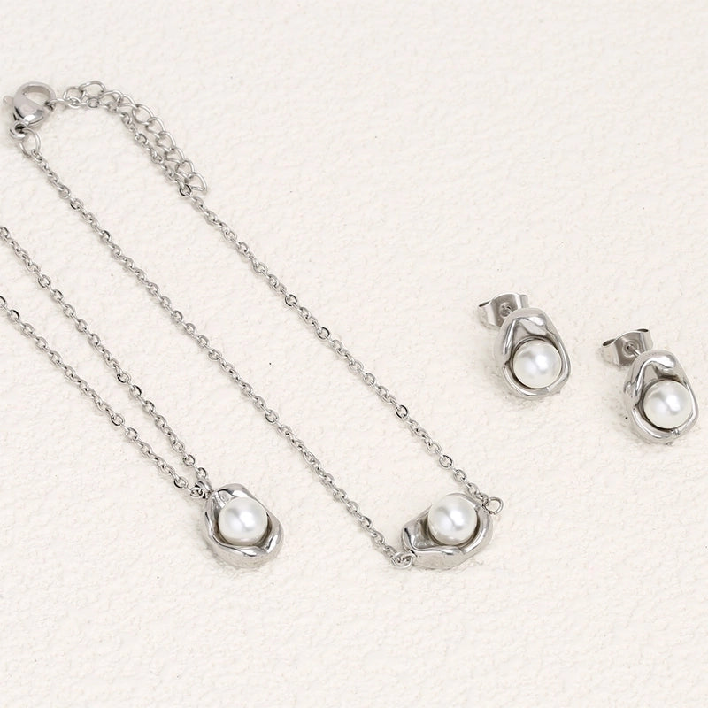 Princess Sweet Round Heart Shape 304 Stainless Steel Imitation Pearl Rhinestone Jewelry Set