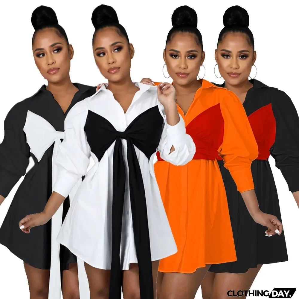 Contrast Colot Bow-Tie Long Sleeve Shirt Dress